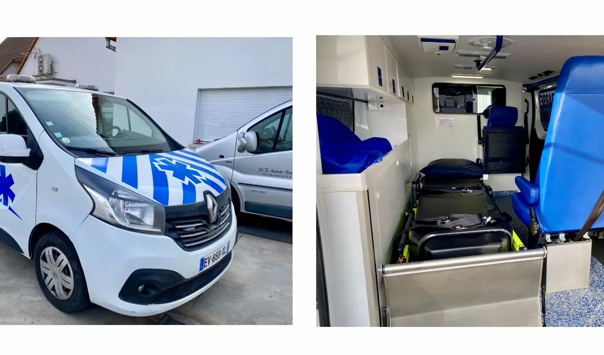 ue extérieure d'une ambulance Renault et aménagement intérieur médicalisé des Ambulances Sainte-Barbe